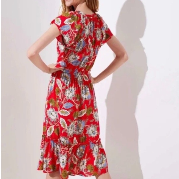 Loft Plus Size 20  Red Fit Flare Hawaiian Midi Floral  Dress V-neck - Picture 3 of 7